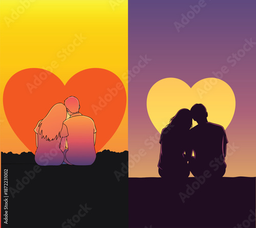 Faceless couple sitting side by side watching heart shaped sunset in minimal romantic vector art perfect for valentine love scenes and relationship visuals