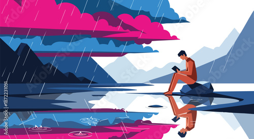 A person sits alone by a reflective body of water reading a book during a stylized colorful rainstorm.