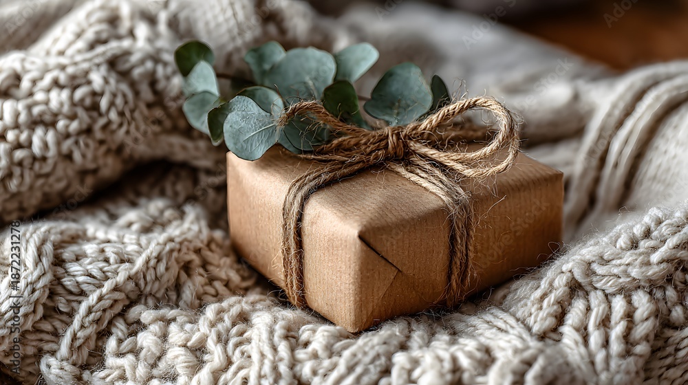 Fototapeta premium Kraft paper wrapped gift with a twine bow rests on a chunky knit beige blanket decorated with a eucalyptus branch in a cozy winter view.