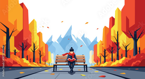 A person in a warm hat and scarf reads a book on a park bench surrounded by vibrant autumn trees and distant mountains.