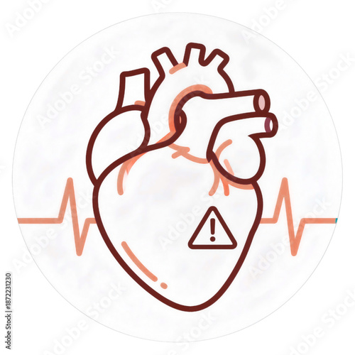 Outline of a human heart with an exclamation mark warning sign superimposed over an electrocardiogram rhythm line.