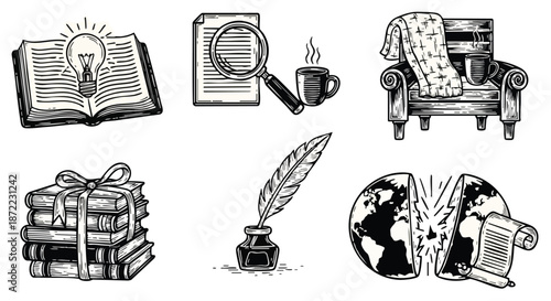 Collection of vintage hand-drawn illustrations depicting reading writing and global knowledge sharing concepts.