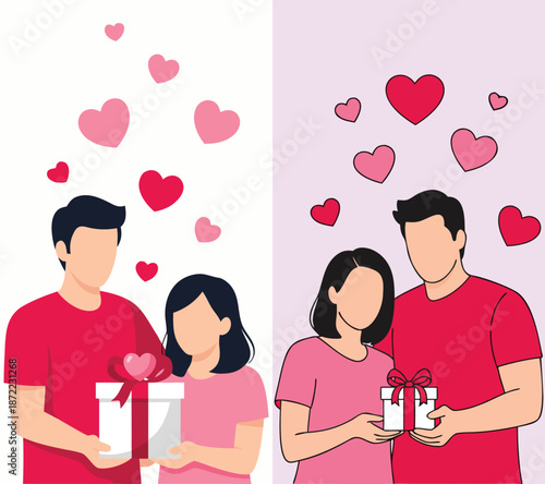 faceless couple sitting in café holding coffee cups with heart steam modern flat vector style