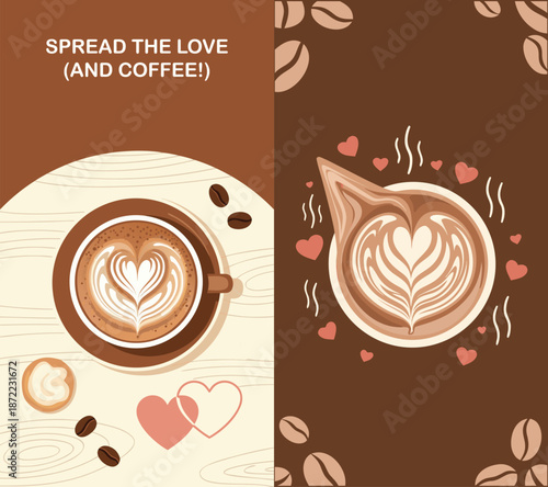 Coffee shop valentine social post with heart latte illustration in cozy flat vector style perfect for cafe promotions and romantic seasonal marketing