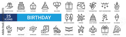 Birthday icon set. Containing party favors, birthday cake, cupcake, party hat, balloons, presents, invitation, celebration and more. Outline vector icons collection.