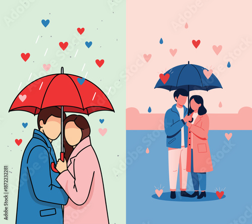 Faceless couple sharing umbrella with heart rain in cozy flat vector style creating a romantic atmosphere perfect for love stories and valentine designs