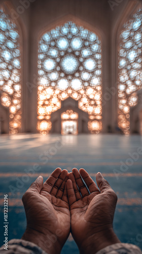 Wallpaper Mural Woman in traditional Islamic dress praying in ornate mosque with decorative lights and arches Torontodigital.ca