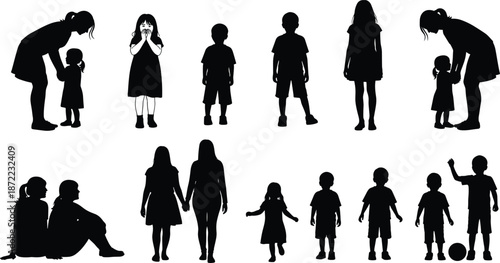 Black vector set of children and mother silhouettes in various standing walking and playing poses isolated on white background collection