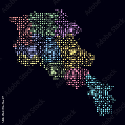 Armenia, shape of the country build of colored cells. Digital style map of the Armenia on dark background. Small size rounded square blocks. Simple vector illustration.