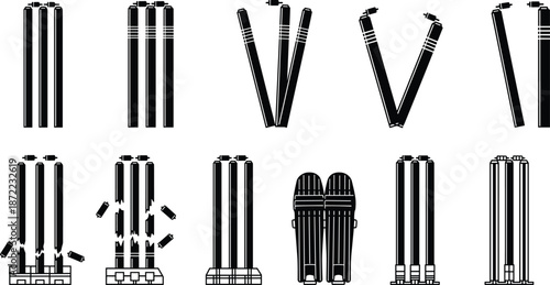 Black vector set of cricket stumps bails and leg guards silhouettes in various positions isolated on white background for sports