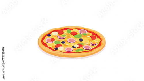 A vibrant and delicious looking cartoon pizza illustration with various fresh toppings