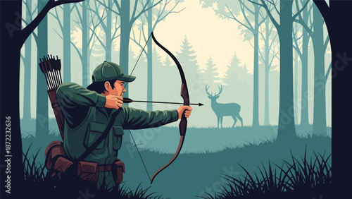 Ethical bow hunter aiming carefully in a forest clearing, deer visible in the distance, flat vector illustration with solid colors and clean outlines for outdoor hunting themes