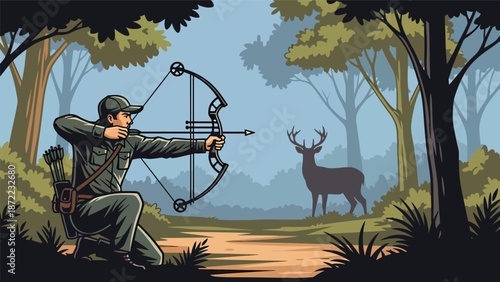 Ethical bow hunter aiming carefully in a forest clearing, deer visible in the distance, flat vector illustration with solid colors and clean outlines for outdoor hunting themes