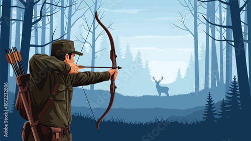 Ethical bow hunter aiming carefully in a forest clearing, deer visible in the distance, flat vector illustration with solid colors and clean outlines for outdoor hunting themes