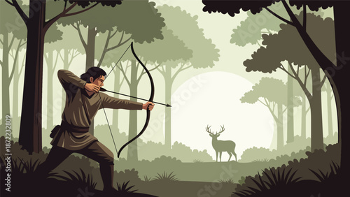 Ethical bow hunter aiming carefully in a forest clearing, deer visible in the distance, flat vector illustration with solid colors and clean outlines for outdoor hunting themes