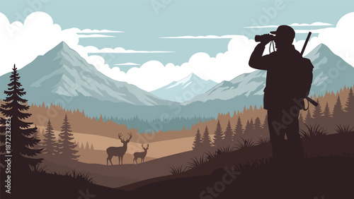 Hunter observing wildlife through binoculars from a hilltop, wide natural landscape view, flat vector illustration with solid colors for outdoor exploration and hunting lifestyle concepts