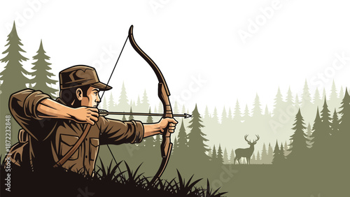 Ethical bow hunter aiming carefully in a forest clearing, deer visible in the distance, flat vector illustration with solid colors and clean outlines for outdoor hunting themes