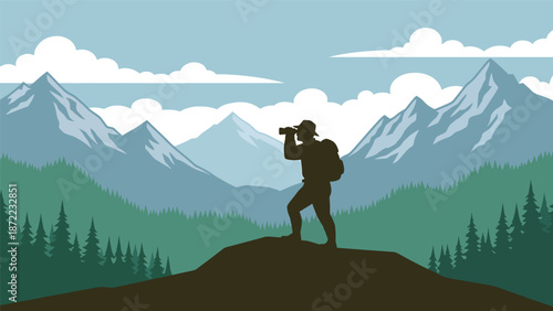 Hunter observing wildlife through binoculars from a hilltop, wide natural landscape view, flat vector illustration with solid colors for outdoor exploration and hunting lifestyle concepts