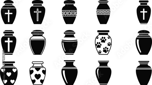 Black vector set of funeral urn silhouettes with various decorations like crosses hearts and paw prints isolated on white background
