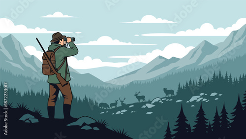 Hunter observing wildlife through binoculars from a hilltop, wide natural landscape view, flat vector illustration with solid colors for outdoor exploration and hunting lifestyle concepts