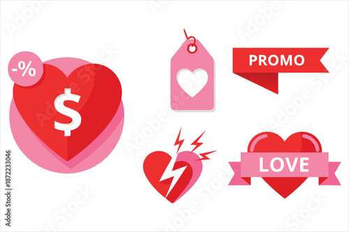 Valentine sale icons featuring heart discount promo tag flash sale and love banner designed in flat marketing icon style for ecommerce promotions
