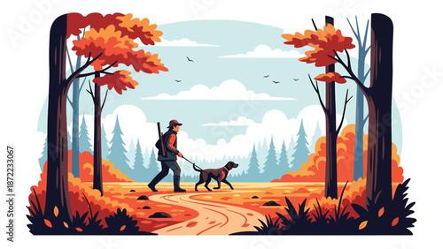 Hunter and loyal hunting dog following animal tracks in an autumn forest, flat vector illustration with solid colors and clean outlines, teamwork outdoor hunting activity theme