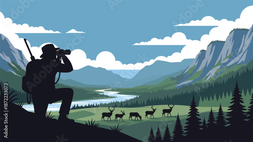 Hunter observing wildlife through binoculars from a hilltop, wide natural landscape view, flat vector illustration with solid colors for outdoor exploration and hunting lifestyle concepts
