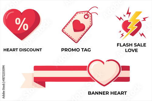 Flat valentine sale icons with heart discount promo tag flash sale and love banner perfect for marketing campaigns and seasonal ecommerce graphics