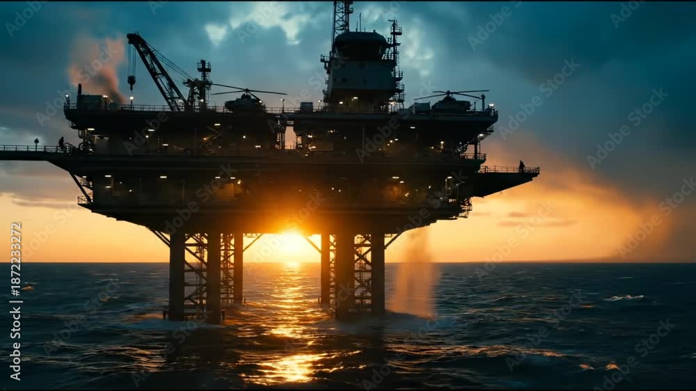 Video „Offshore oil rig releases gas flare at sunset over ocean waves ...