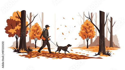 Hunter and loyal hunting dog following animal tracks in an autumn forest, flat vector illustration with solid colors and clean outlines, teamwork outdoor hunting activity theme