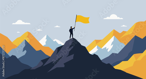 Businessman standing on mountain peak flag
