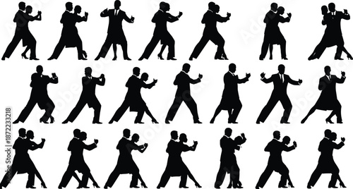 Ballroom dance couple silhouettes performing tango and waltz steps set isolated on white background for romance love wedding and elegant dance illustration