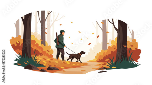 Hunter and loyal hunting dog following animal tracks in an autumn forest, flat vector illustration with solid colors and clean outlines, teamwork outdoor hunting activity theme