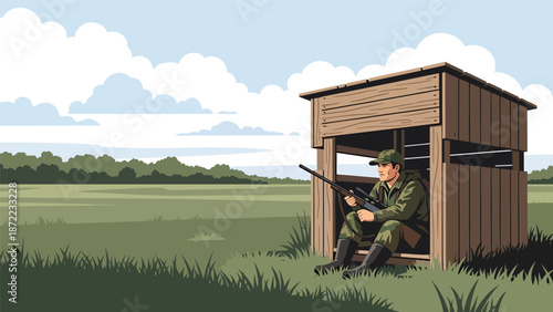Patient hunter waiting quietly inside a wooden hunting blind near a meadow, flat vector illustration with solid colors, peaceful outdoor hunting and observation concept
