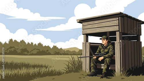 Patient hunter waiting quietly inside a wooden hunting blind near a meadow, flat vector illustration with solid colors, peaceful outdoor hunting and observation concept