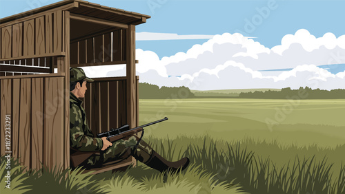 Patient hunter waiting quietly inside a wooden hunting blind near a meadow, flat vector illustration with solid colors, peaceful outdoor hunting and observation concept