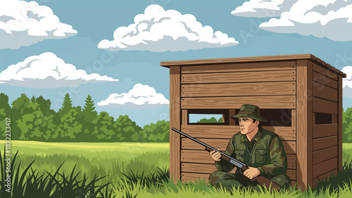 Patient hunter waiting quietly inside a wooden hunting blind near a meadow, flat vector illustration with solid colors, peaceful outdoor hunting and observation concept