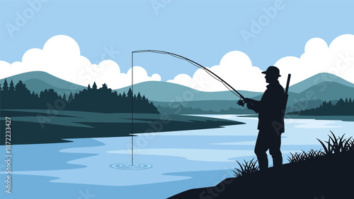 Hunter fishing calmly from a riverbank surrounded by trees and hills, flat vector illustration with solid colors and clean outlines, traditional outdoor hunting activity theme