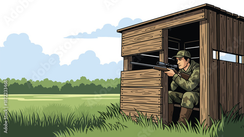 Patient hunter waiting quietly inside a wooden hunting blind near a meadow, flat vector illustration with solid colors, peaceful outdoor hunting and observation concept