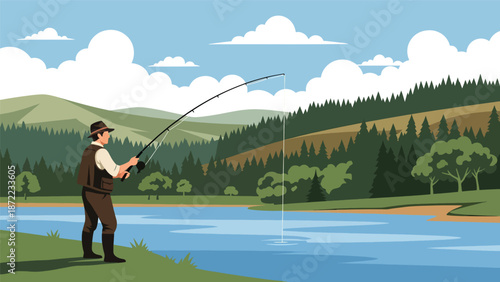 Hunter fishing calmly from a riverbank surrounded by trees and hills, flat vector illustration with solid colors and clean outlines, traditional outdoor hunting activity theme