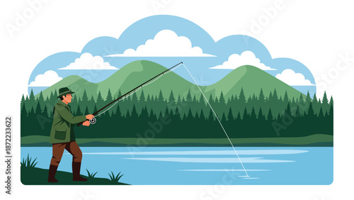 Hunter fishing calmly from a riverbank surrounded by trees and hills, flat vector illustration with solid colors and clean outlines, traditional outdoor hunting activity theme