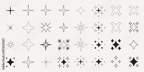 Collection of various sparkling star and decorative cross line art icons