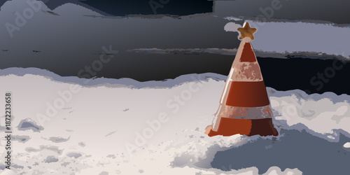 Red and white traffic cone sitting in a snow covered outdoor setting