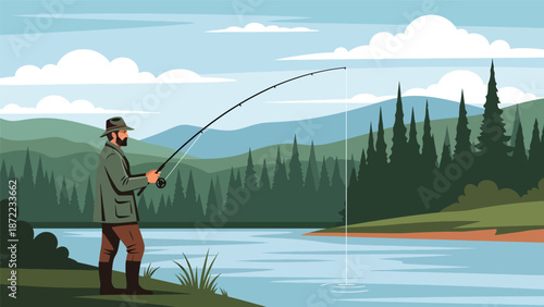 Hunter fishing calmly from a riverbank surrounded by trees and hills, flat vector illustration with solid colors and clean outlines, traditional outdoor hunting activity theme