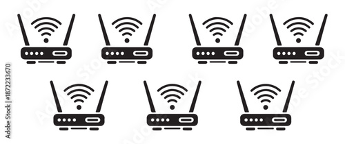 Wireless internet modem router symbol black icon set isolated on white background digital connection technology signs