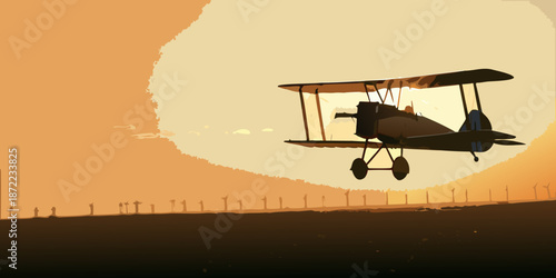 Vintage biplane silhouetted against a vibrant sunset over a distant landscape