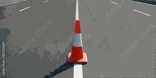 A single traffic cone stands centered on an empty asphalt roadway