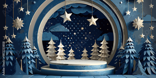 A festive papercraft scene depicting a winter wonderland and product display