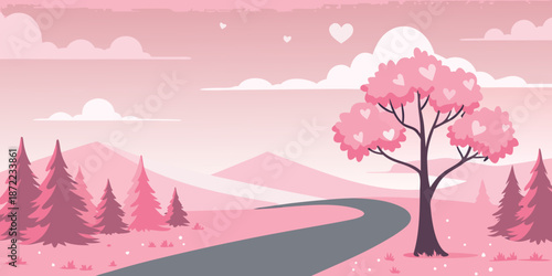 A serene landscape featuring a pink tree winding path and heart shaped elements