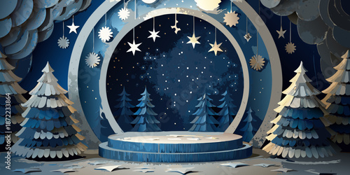 A festive winter scene with papercraft trees and a sparkling night sky